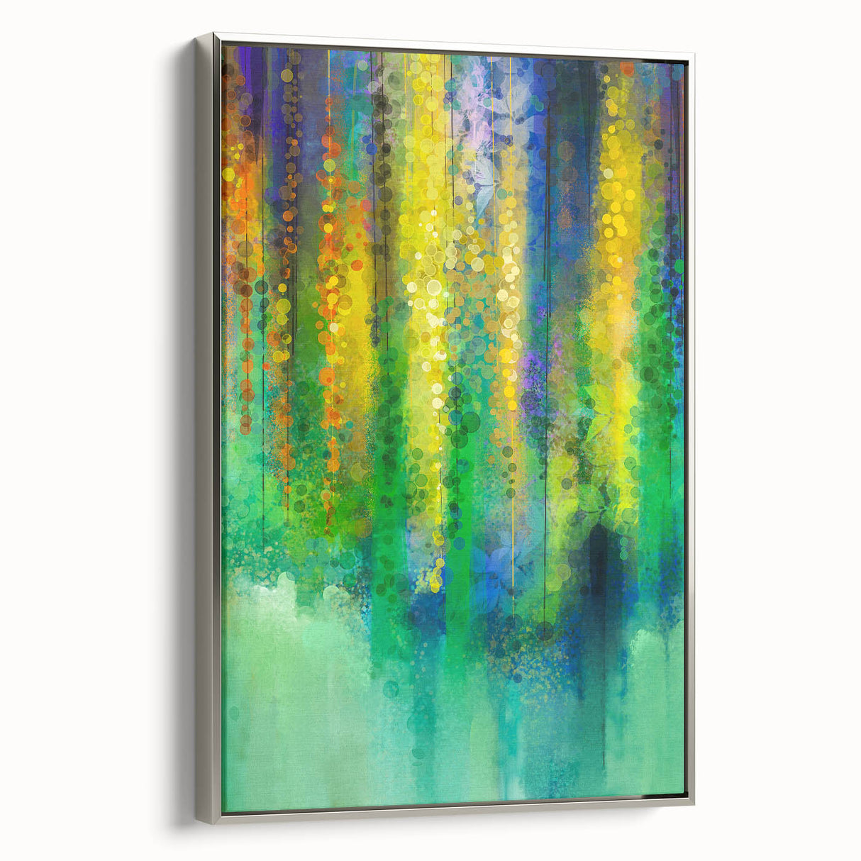 Framed canvas artwork showcasing abstract floral design in vibrant colors with a sleek silver frame, perfect for modern home decor and wall enhancement.