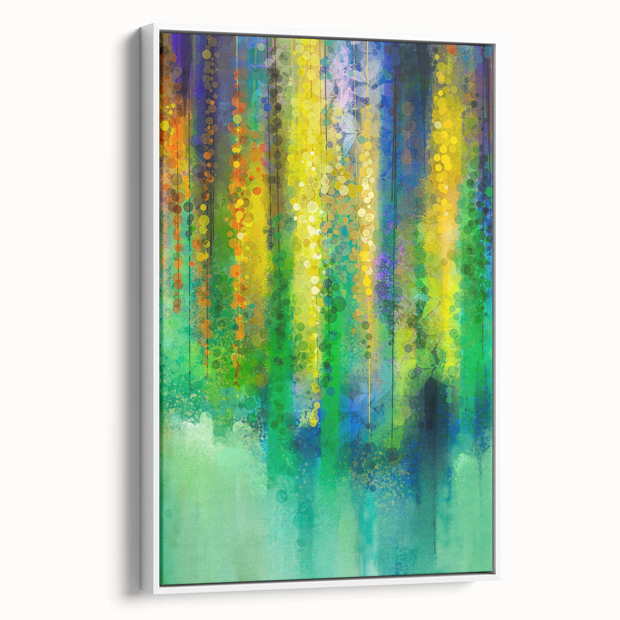 Abstract floral wall art design on a white-framed canvas, showcasing vibrant colors and intricate patterns. Ideal for modern home decor, enhancing any living space.