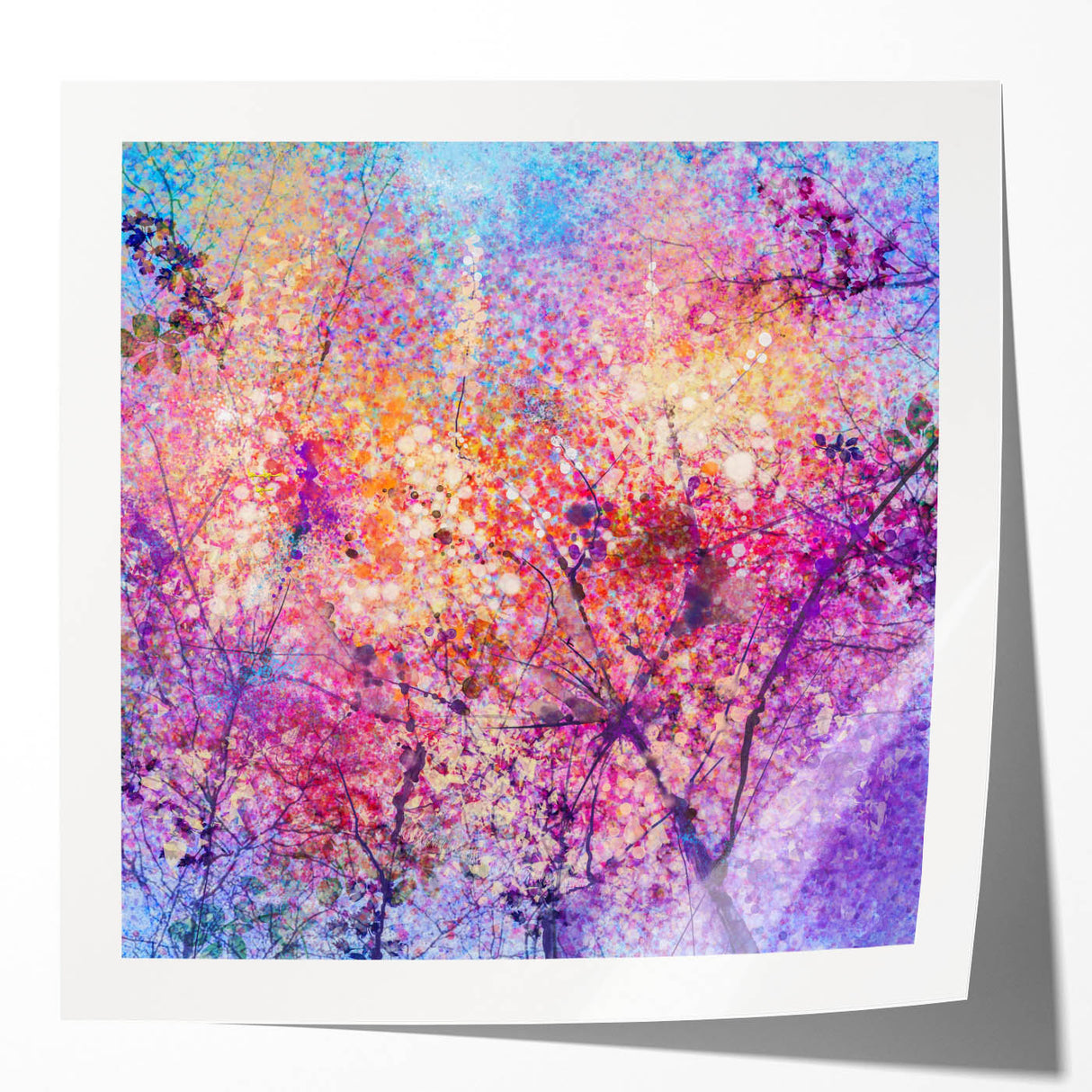 Abstract floral design printed on a glossy canvas, showcasing vibrant colors and intricate patterns, ideal for modern home decor or art enthusiasts.