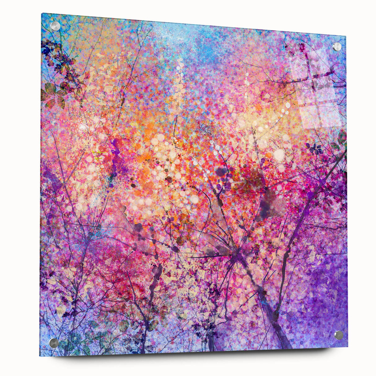 Abstract floral acrylic art piece displayed from a side view, showcasing vibrant colors and intricate patterns, secured with visible pins for an artistic touch.