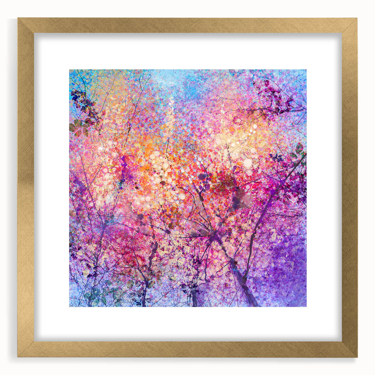 Abstract floral artwork framed in gold, showcasing vibrant colors and intricate patterns, ideal for home decor or as a stylish gift. The mat enhances the design, adding elegance and depth to any interior space.
