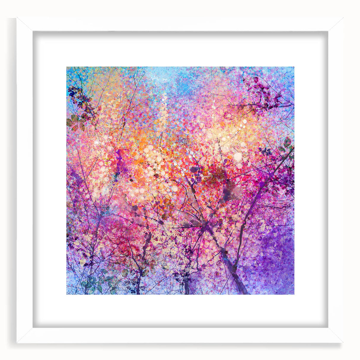 Abstract floral frame with a white mat, showcasing vibrant colors and intricate designs, perfect for modern home decor. Ideal for adding elegance to any room.