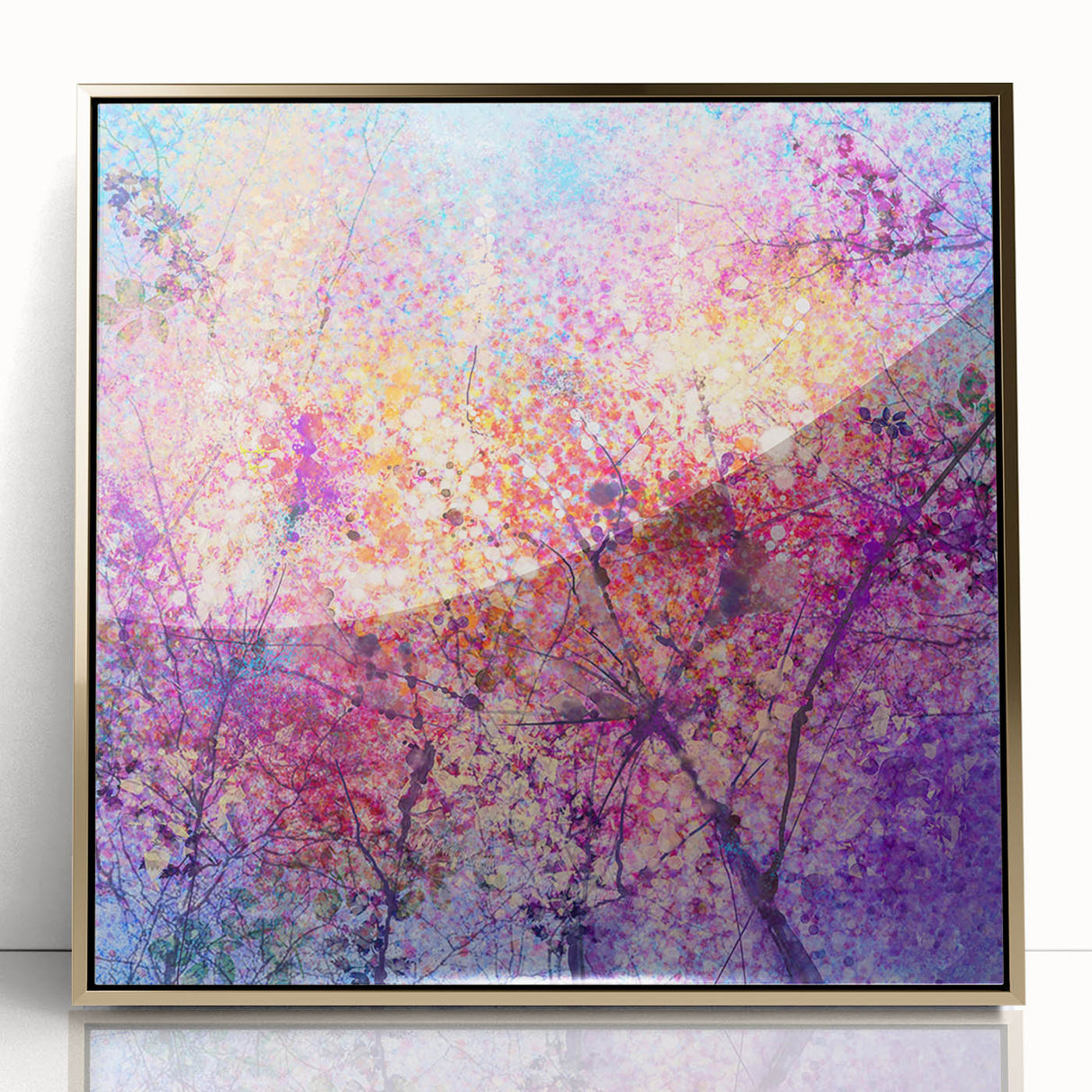 Framed acrylic artwork showcasing vibrant abstract floral designs in hues of gold, pink, and green, perfect for modern home decor. Ideal for adding elegance and color to any room.