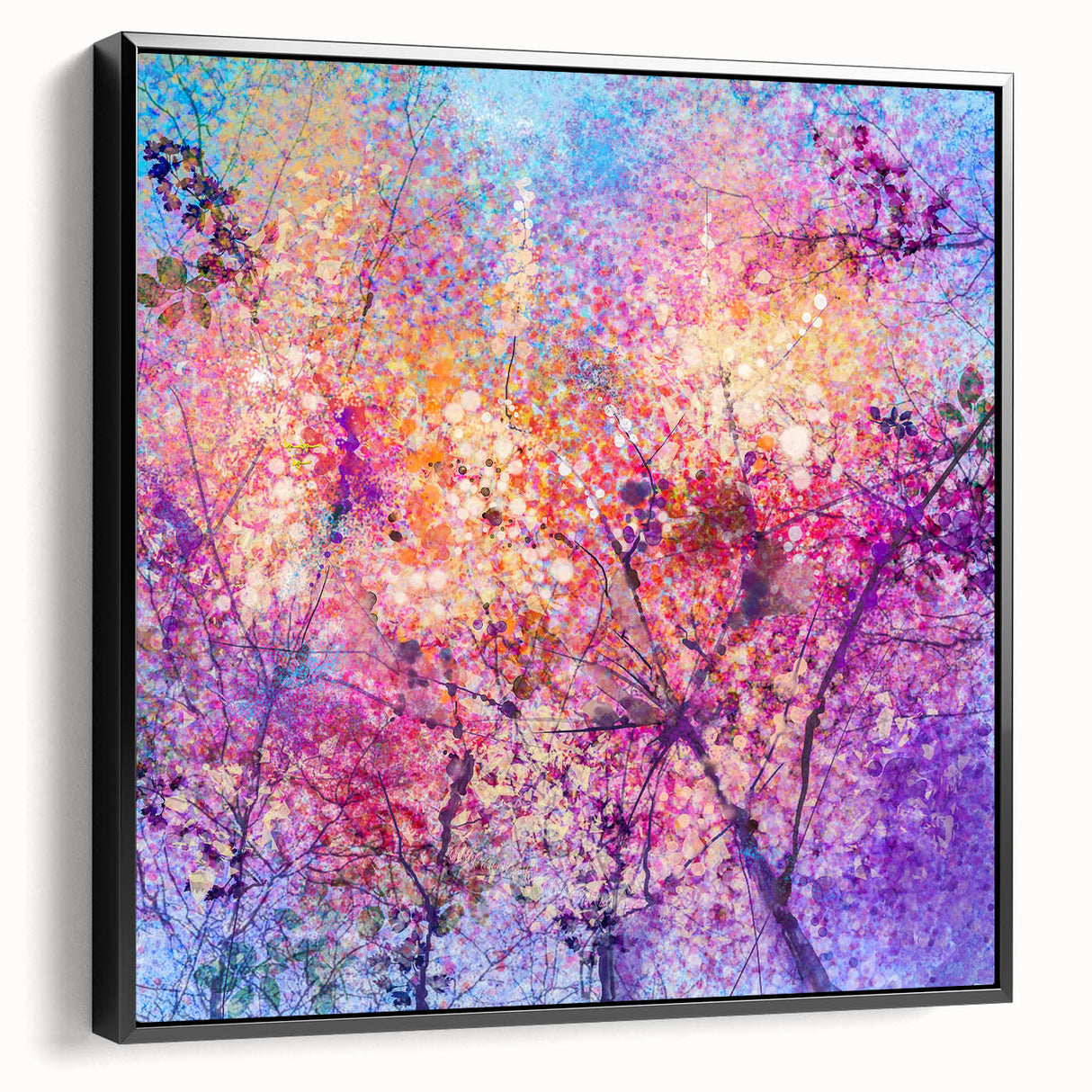 Framed canvas art showcasing an abstract floral design with vibrant colors on a black background, viewed from the side, perfect for modern home decor.