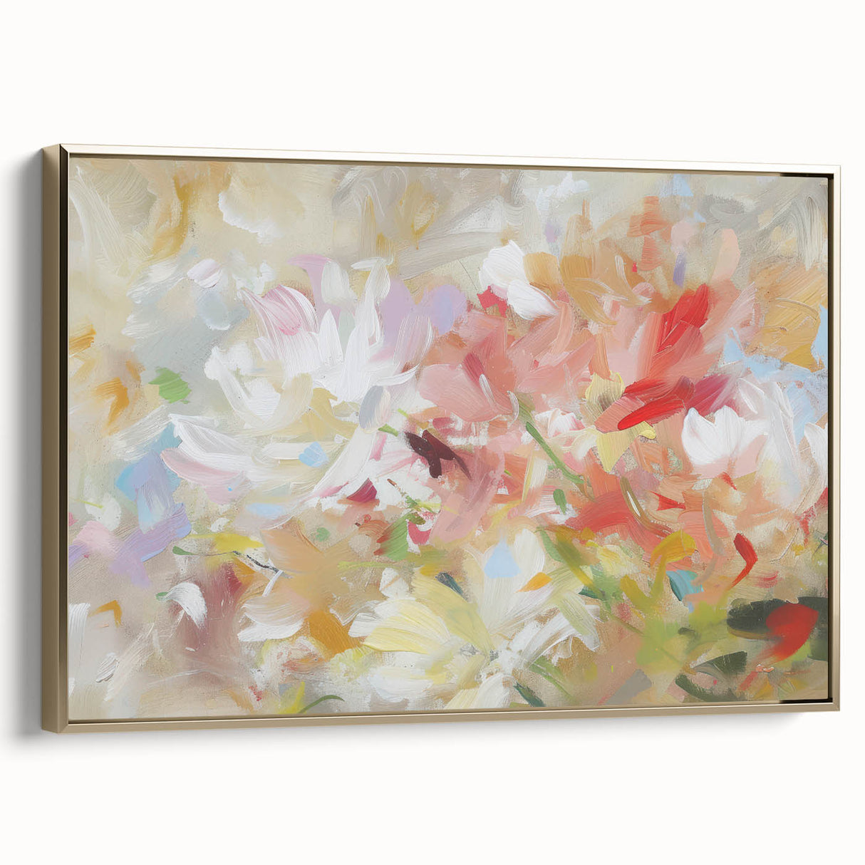 Framed canvas artwork showcasing an abstract floral design in vibrant colors, accented with a gold frame, ideal for modern home decor. Perfect for adding elegance to living spaces.