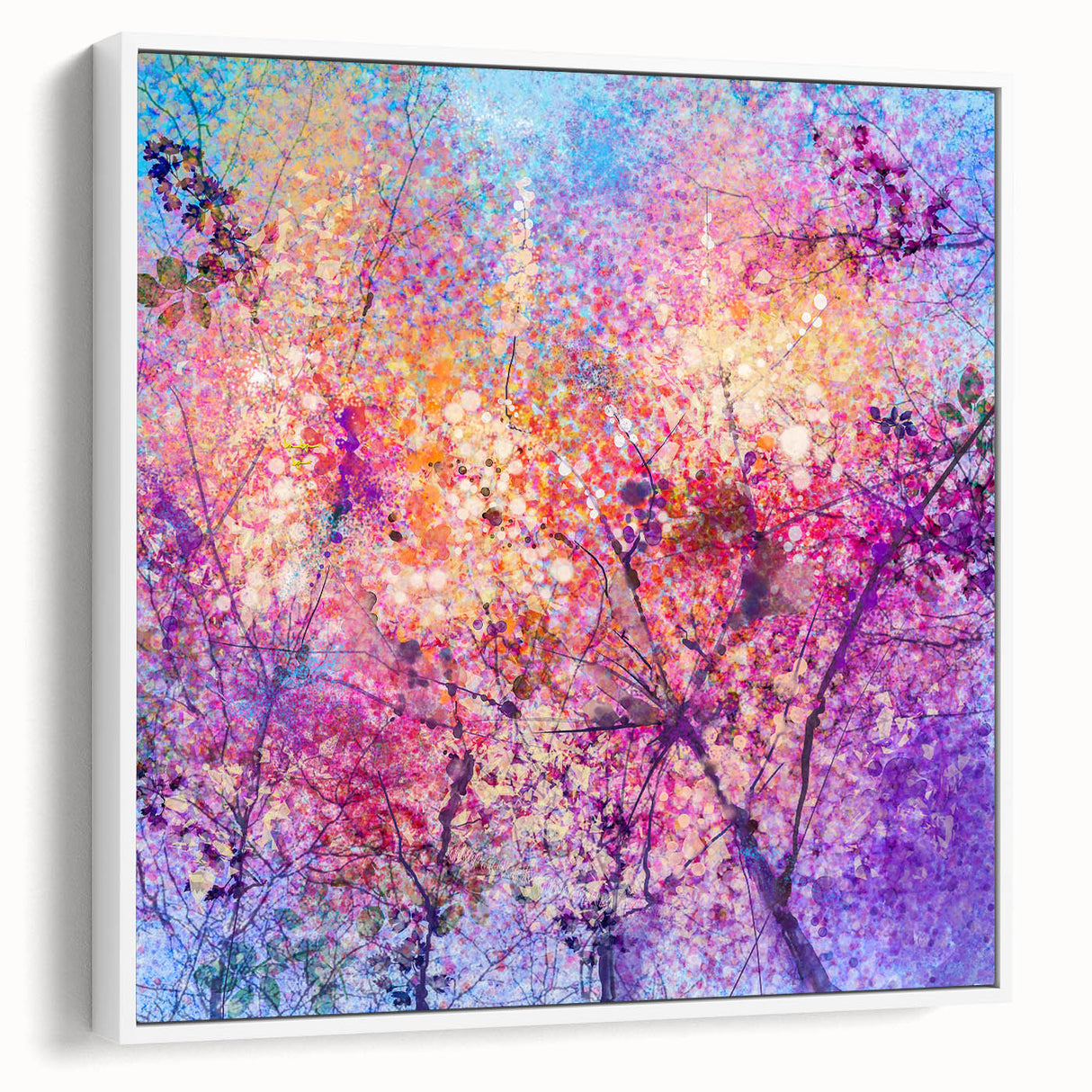 Framed canvas artwork showcasing vibrant abstract floral designs in soft pastel colors, displayed from a side view against a neutral background. Ideal for modern home decor.