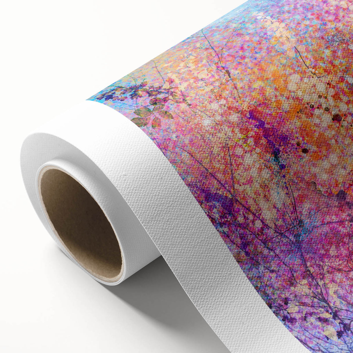 Abstract floral design on rolled canvas, showcasing vibrant colors and intricate patterns, ideal for modern home decor. Packaged securely in a sturdy tube for safe shipping.