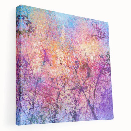 Abstract floral canvas art featuring vibrant shades of blue, pink, and green, elegantly stretched over a frame, showcasing a modern aesthetic perfect for contemporary home decor.