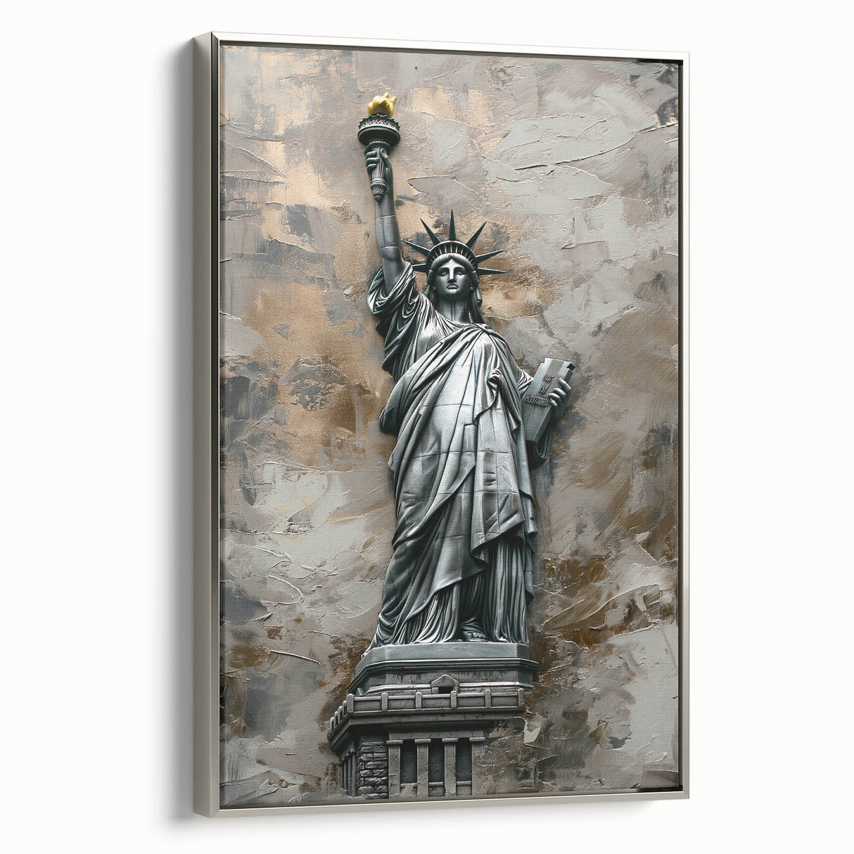 Framed canvas wall art showcasing an abstract landscape design with a silver frame, ideal for modern home decor. The artwork features vibrant colors and intricate textures, perfect for adding a contemporary touch to any living space.