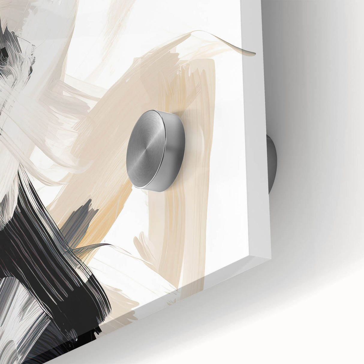 Close-up of abstract minimalist wall art featuring vibrant colors and geometric shapes on acrylic glass, showcasing unique design elements perfect for modern decor.