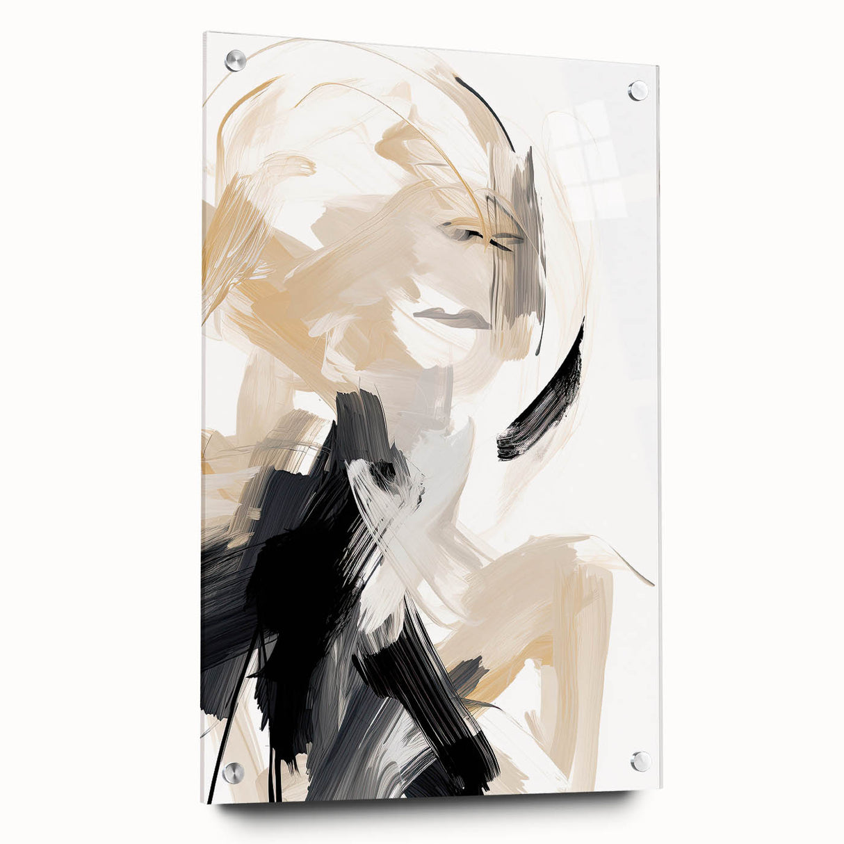 Abstract minimalist wall art displayed in a side view, showcasing sleek acrylic glass with a vibrant color palette and mounted with stylish pins, perfect for modern decor.
