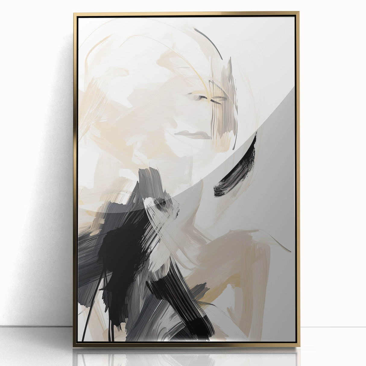 Framed abstract minimalist wall art featuring gold accents on a sleek acrylic surface, set against a neutral background, ideal for modern home decor.