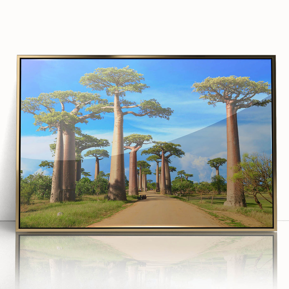 Mid-century modernist art depicting Madagascar scenery in gold tones on framed acrylic, suitable for nursery wall decor.