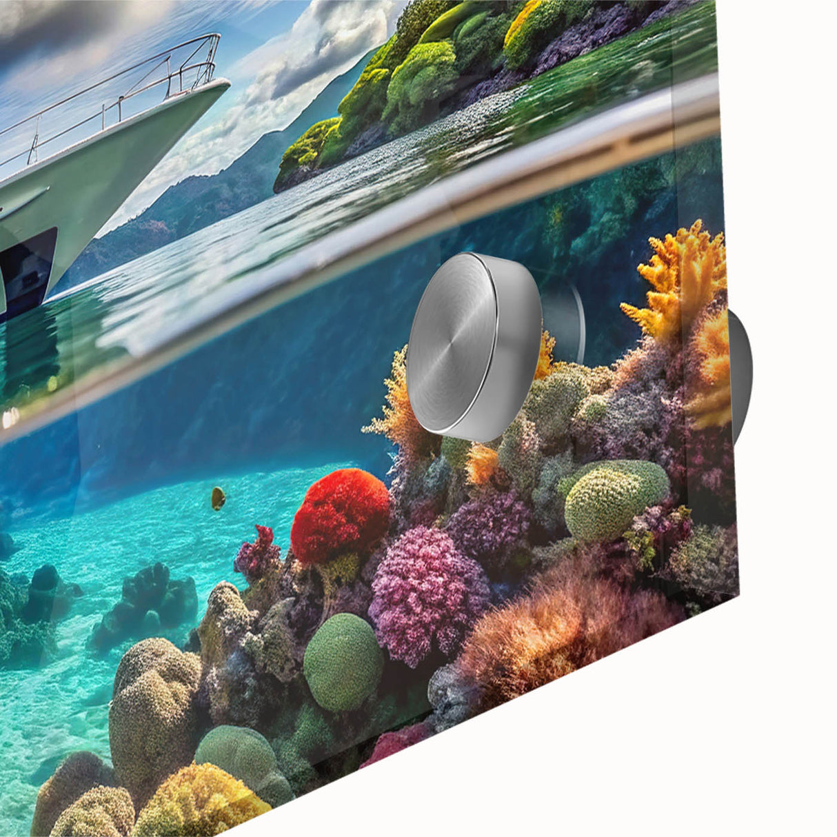 Large abstract acrylic print depicting an African Seychelles scenery in vivid blue and green tones.