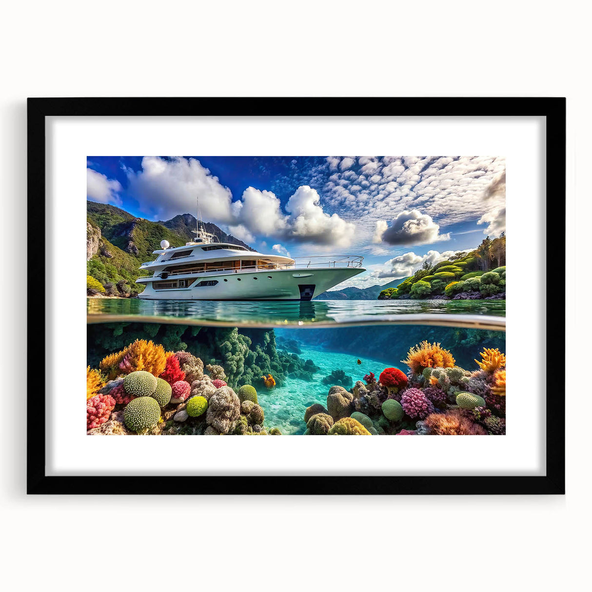 Extra large, textured abstract art print of a colorful Seychelles scenery on a framed canvas, ideal for living room decor.