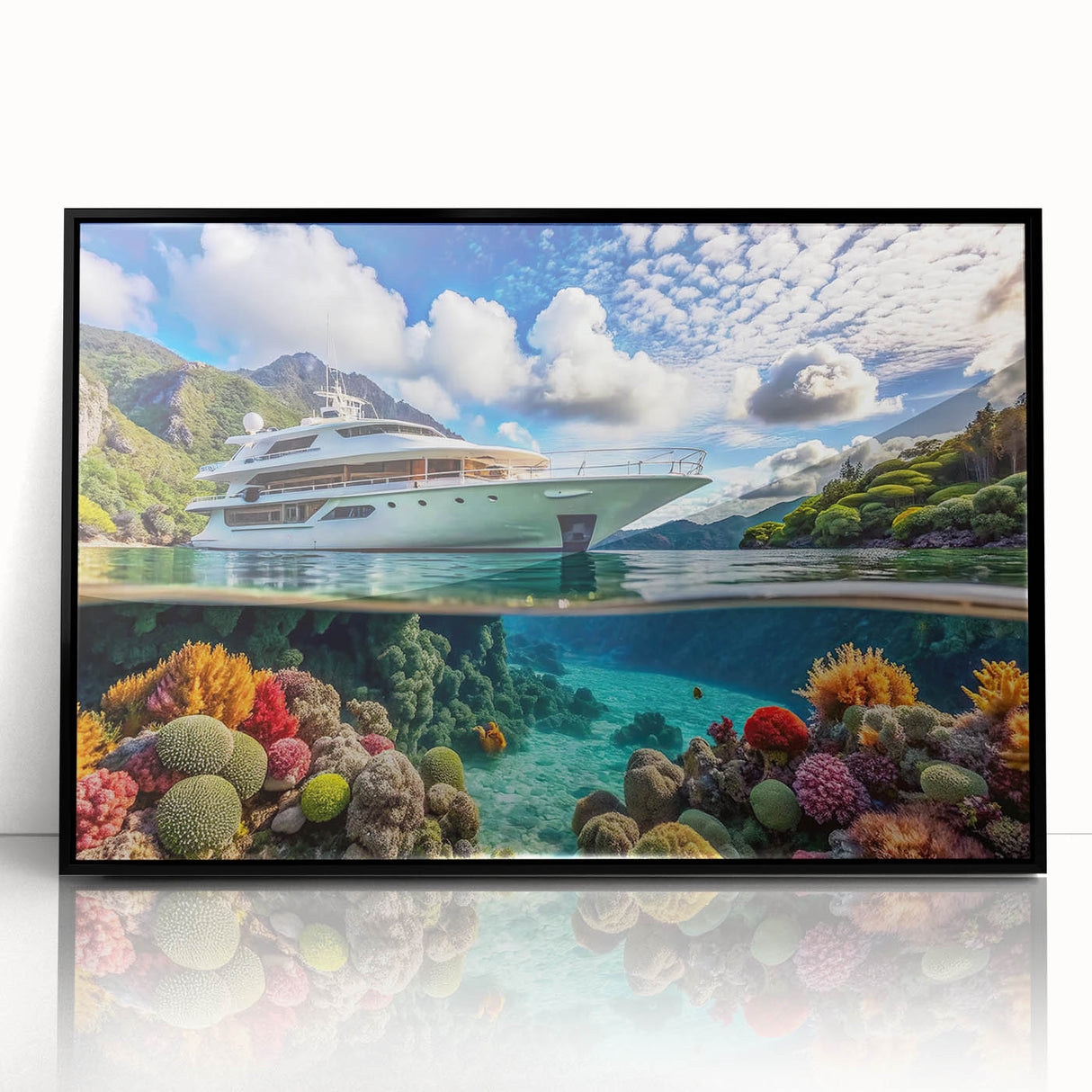 Large abstract wall art depicting a Seychelles landscape in muted earth tones on a framed acrylic.
