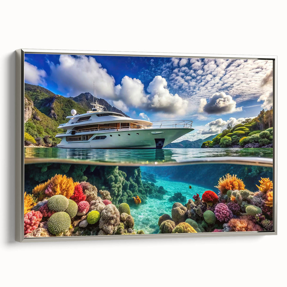 Landscape art painting of Seychelles with vibrant blues and greens on framed canvas, suitable for living room decor.