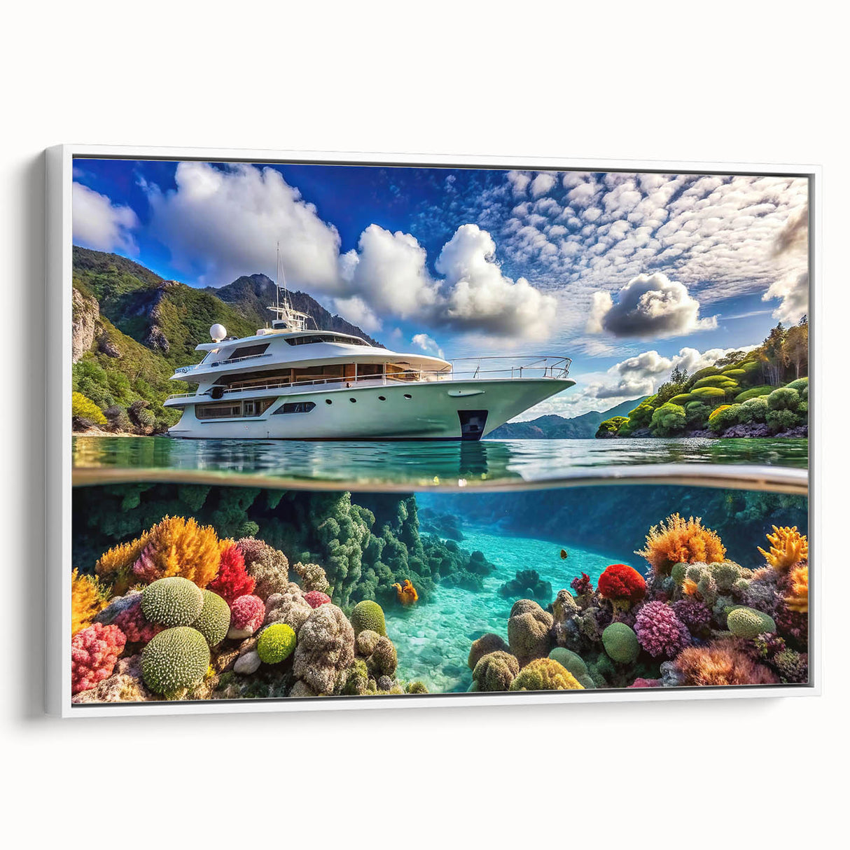 Vintage poster art of Seychelles scenery on framed canvas, featuring vibrant colors, ideal for living room decor.