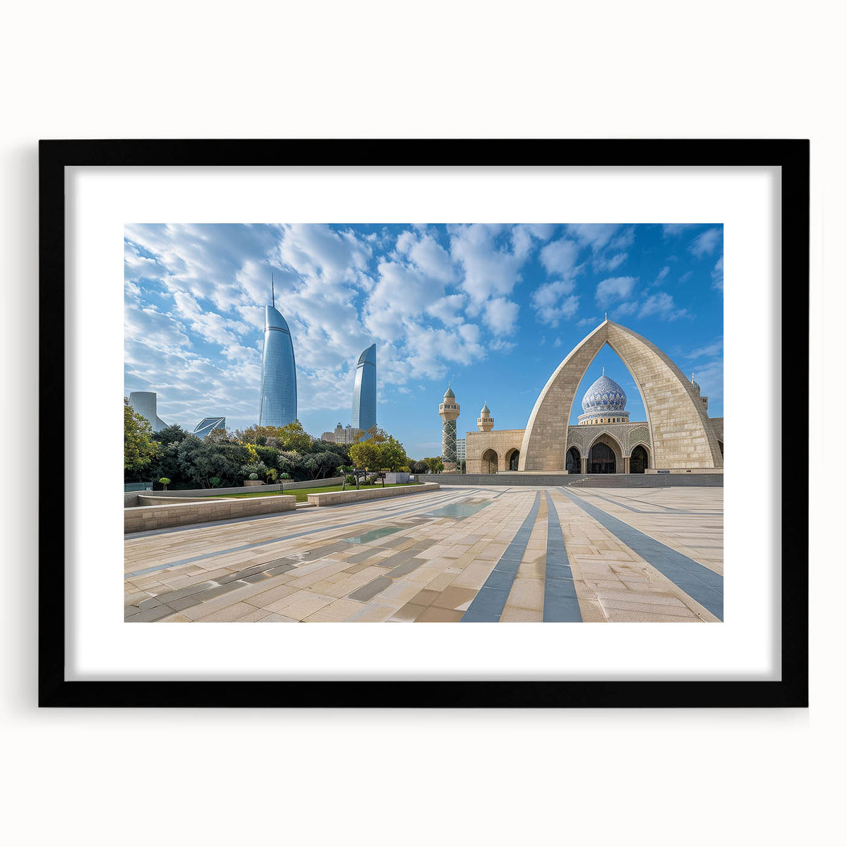 Extra large, colorful abstract art print of a textured scenery, framed in black, ideal for living room decor.
