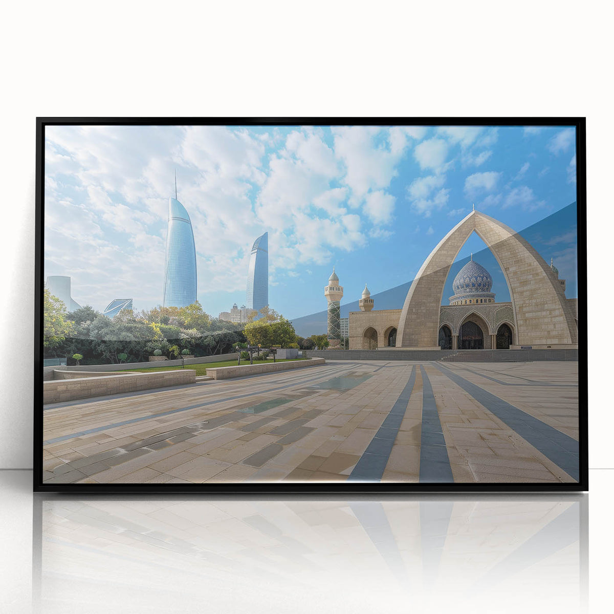 Large abstract wall art depicting an Azerbaijani landscape in muted earth tones, framed in black acrylic.