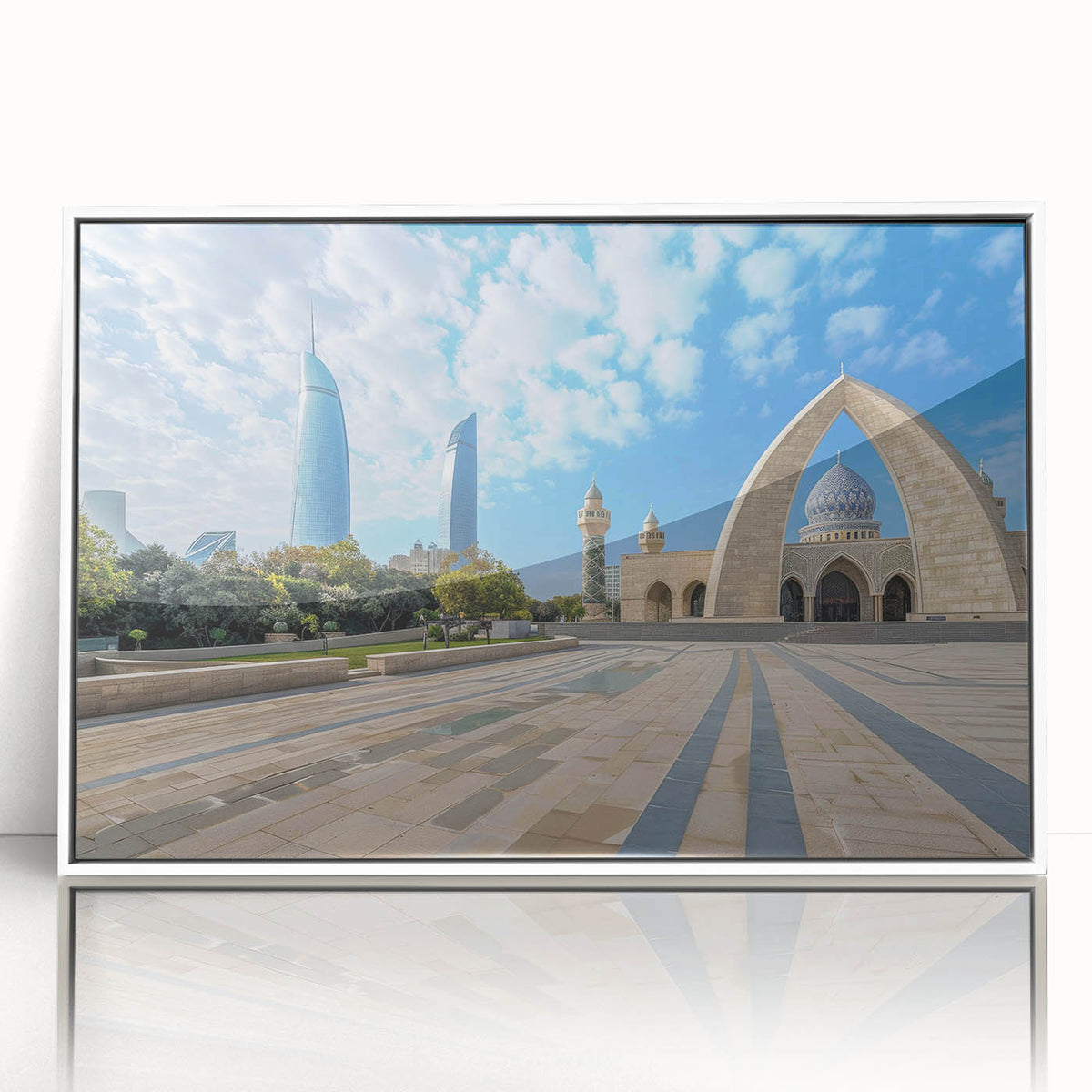 Framed acrylic print of an art deco style Azerbaijan scenery in muted blue and white tones.