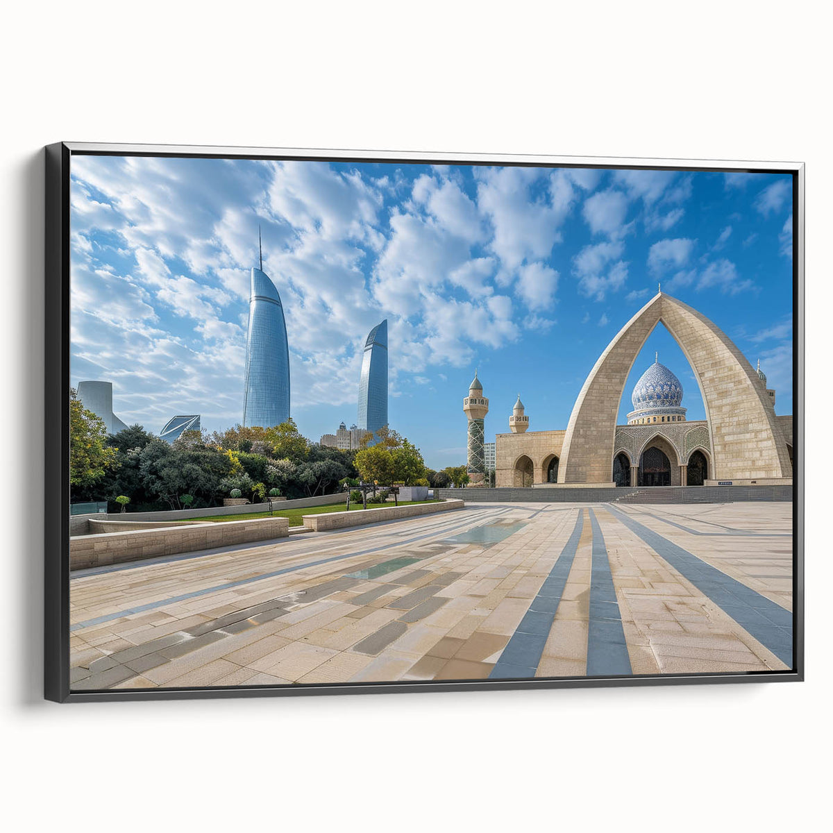 Black and white landscape art painting of Azerbaijan scenery on framed canvas, ideal for bedroom decor.