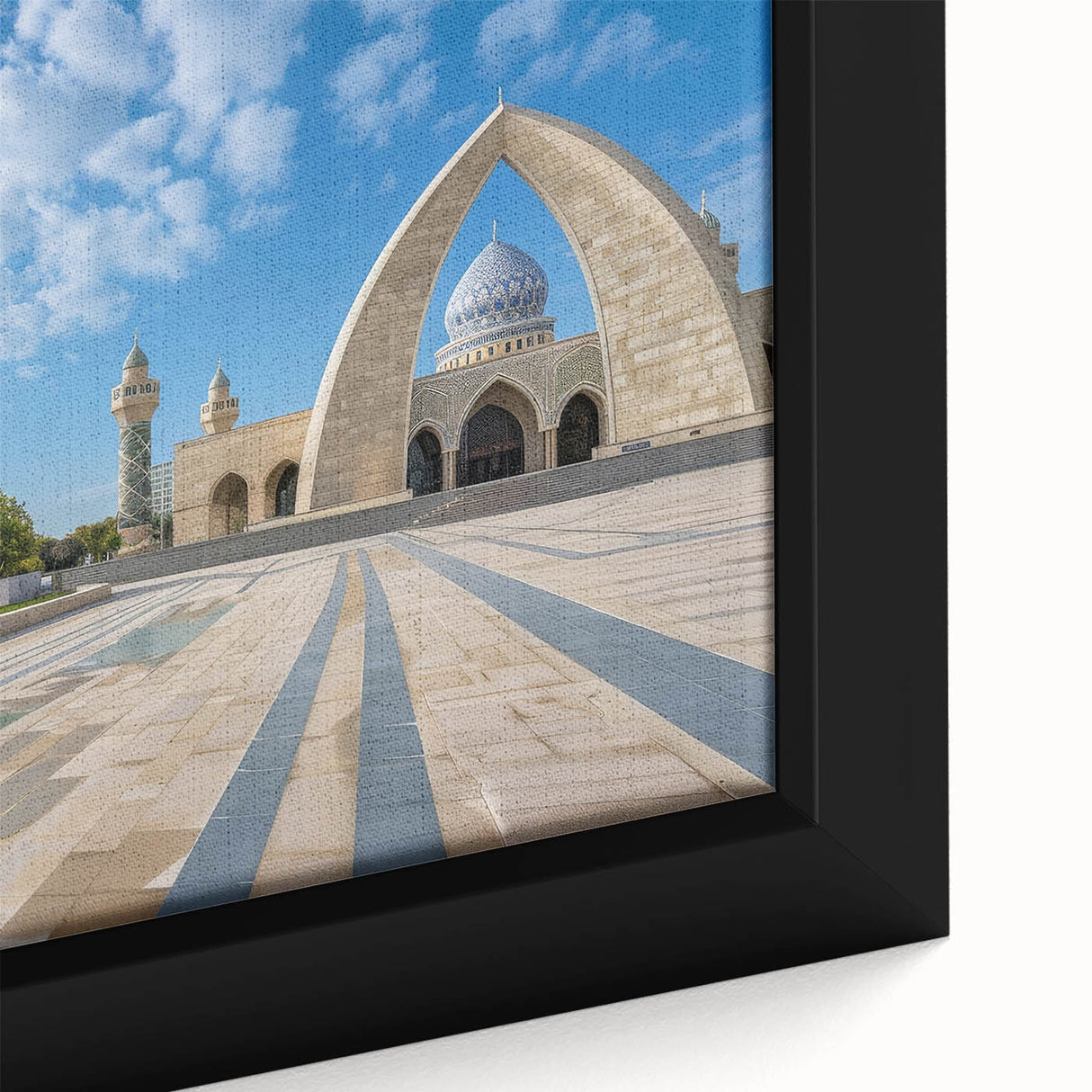 Extra large framed canvas featuring a textured, colorful abstract design with dominant black tones.