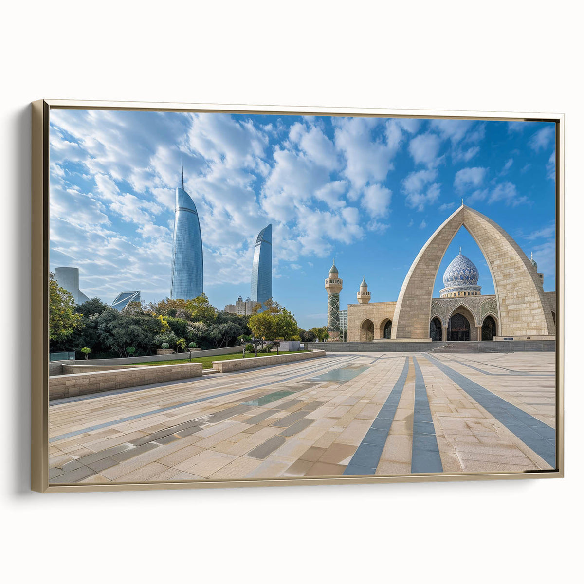 Framed canvas featuring a vintage-style landscape painting of an Azerbaijani scenery in black and gold tones.