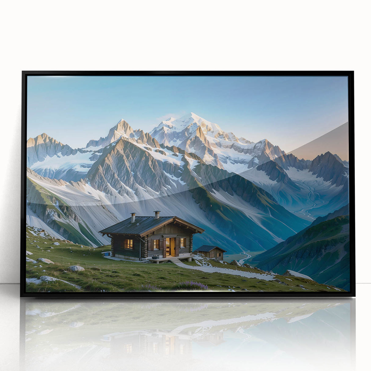 Large abstract wall art depicting a geometric pattern in black and white, framed in acrylic.