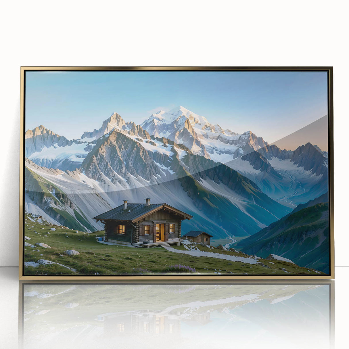 Large art print of a mid-century modernist scenery in Georgia, Asia, featuring muted gold tones on a framed acrylic.