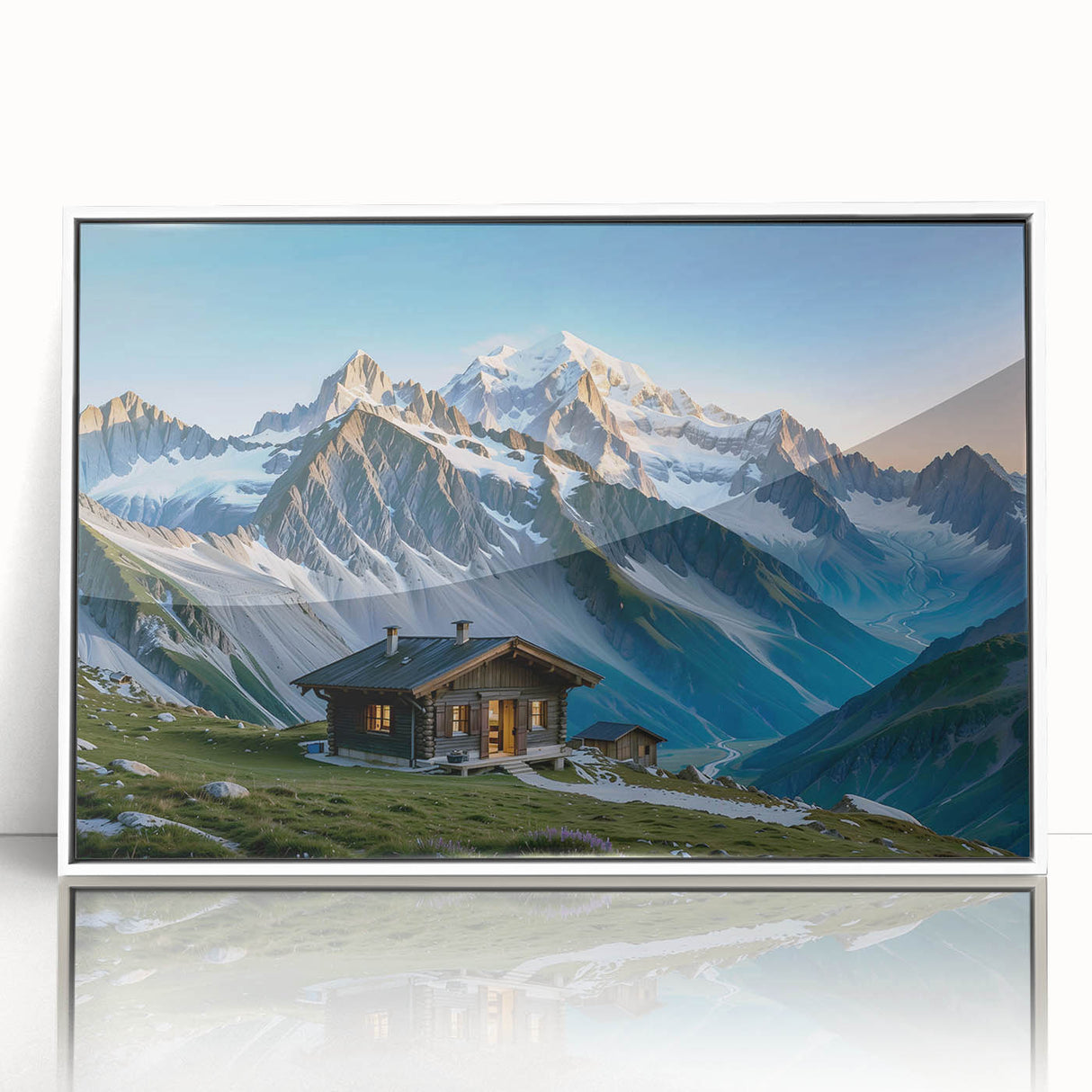 Art deco poster of a Georgia landscape in muted green and blue tones, acrylic print framed in white.