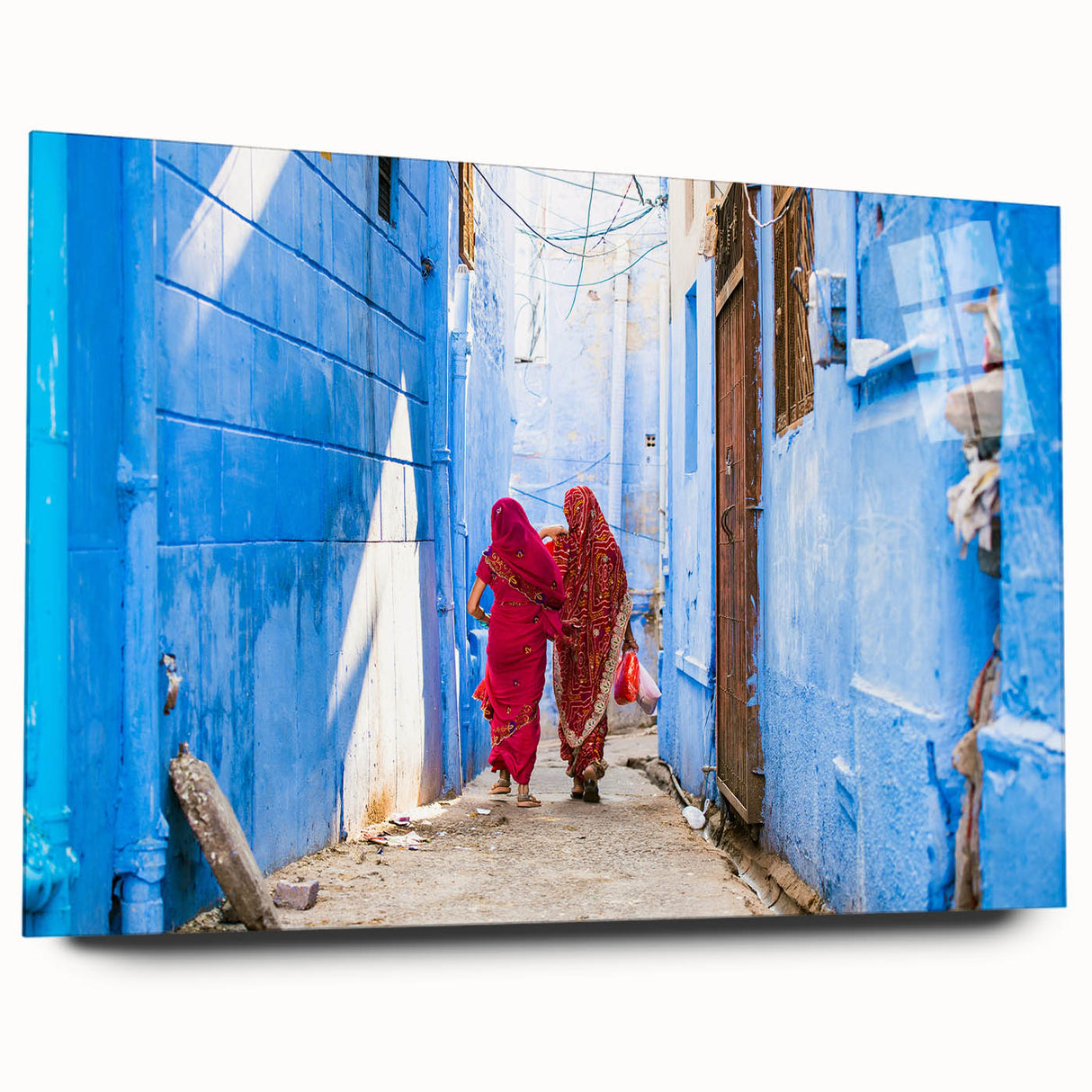 Large abstract acrylic print of an Indian scenery in earthy tones, suitable as bedroom or dining room art.