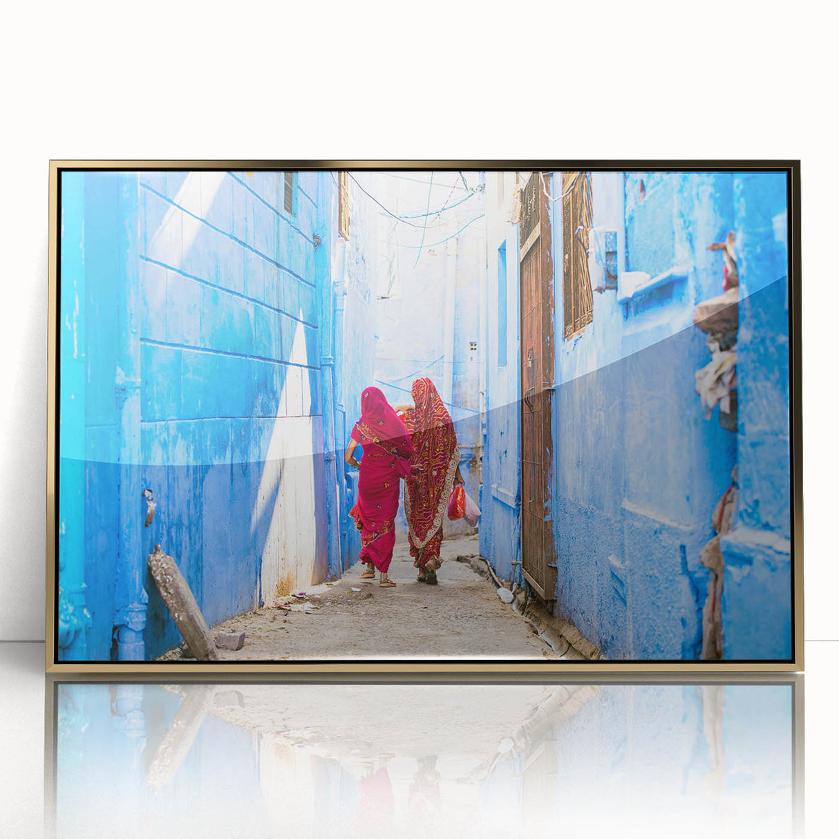 Mid-century modernist style large art print of a scenic Indian landscape in gold tones, framed acrylic.