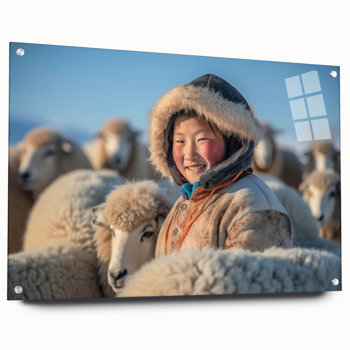 Large abstract wall art depicting a Mongolian landscape in muted earth tones, acrylic glass.