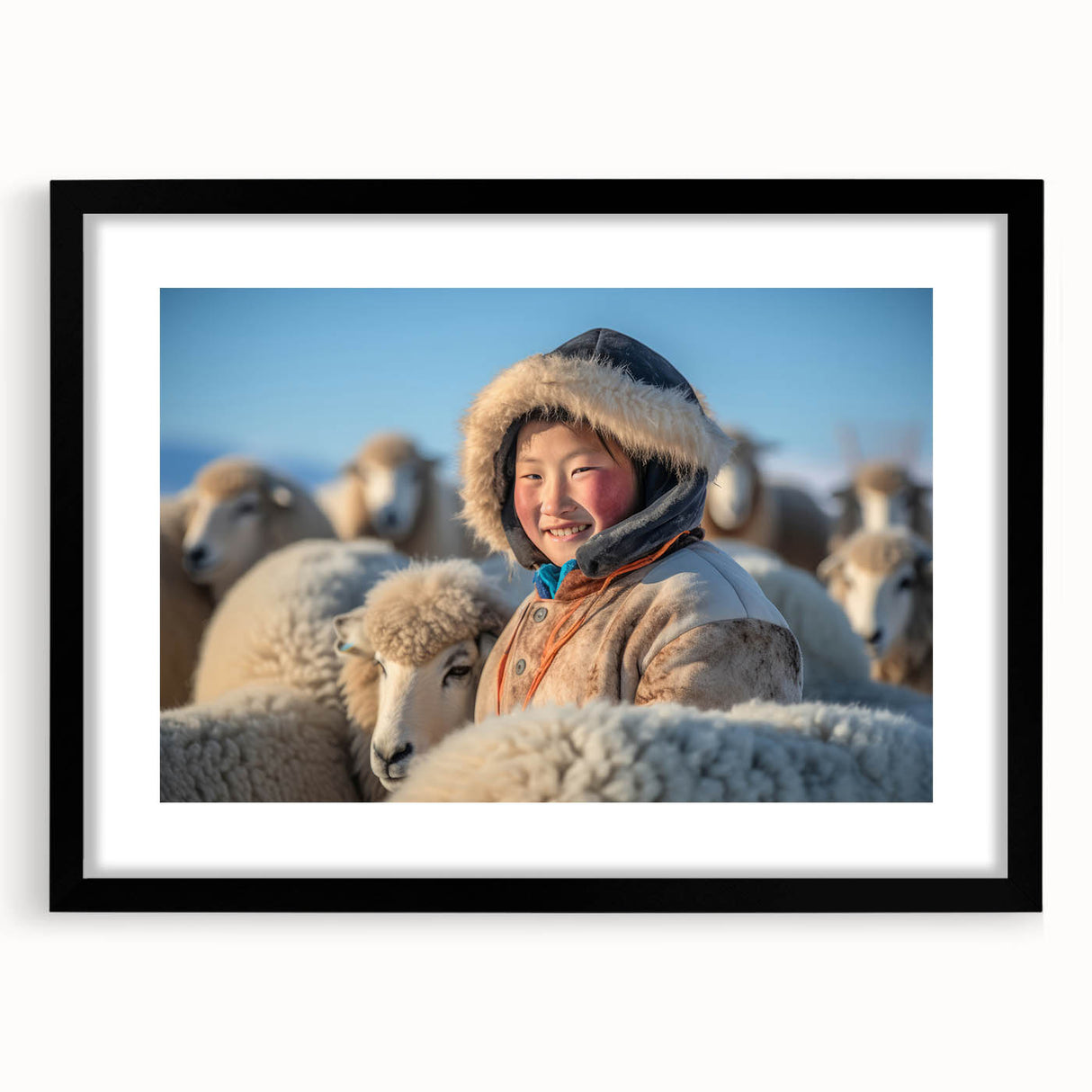 Extra large abstract art print featuring colorful, textured scenery of Mongolia on a framed black mat.