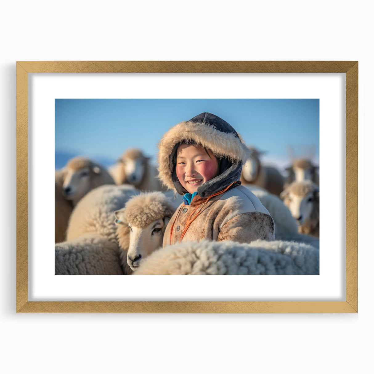 Extra large abstract art print featuring textured scenery of Mongolia in a gold frame, ideal for living room decor.