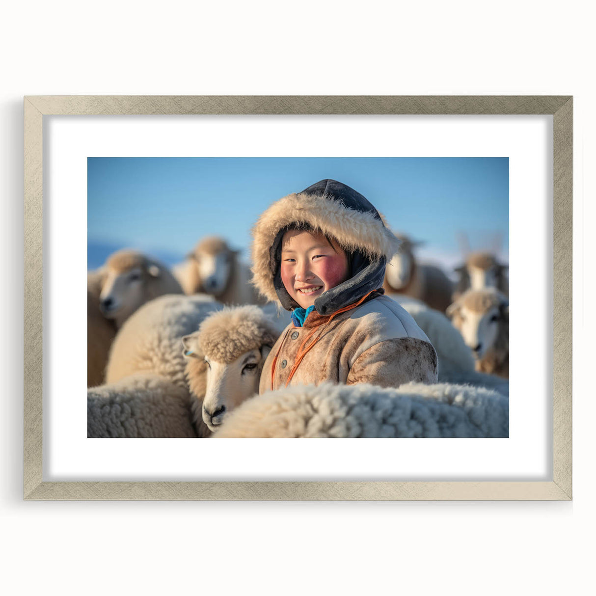 Textured abstract art print of a Mongolian landscape in muted earth tones on a framed silver mat, ideal for bedroom decor.