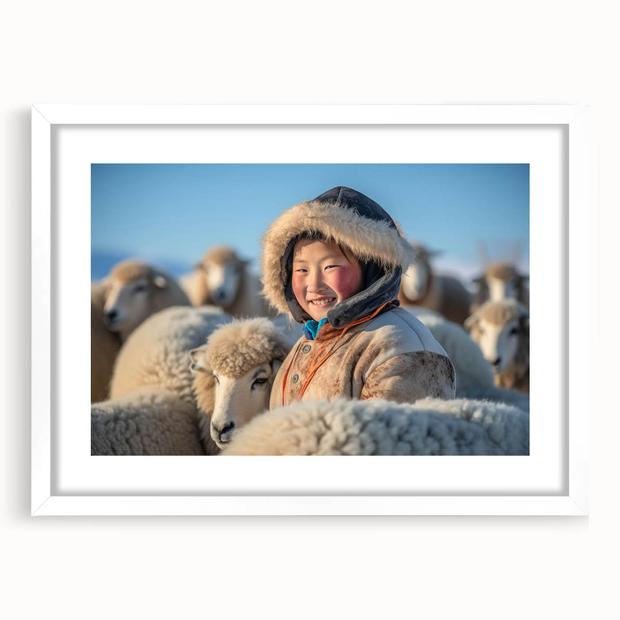 Abstract art print featuring a stylized Mongolian landscape in muted earth tones on a white framed mat.