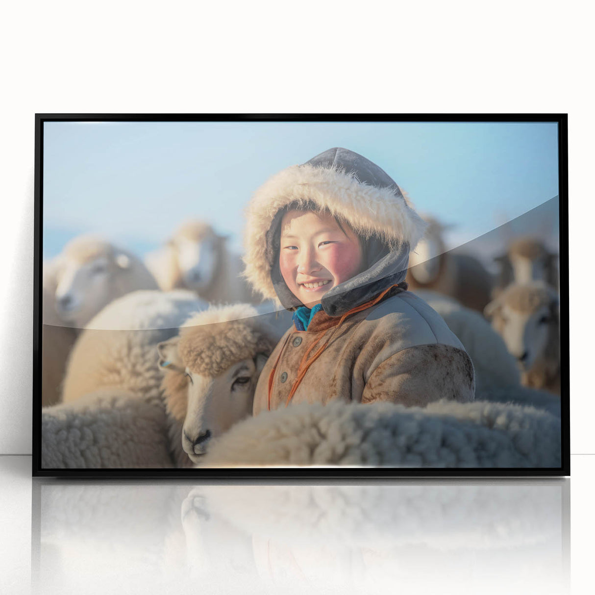 Large abstract wall art depicting a Mongolian landscape in muted earth tones, framed in black acrylic.