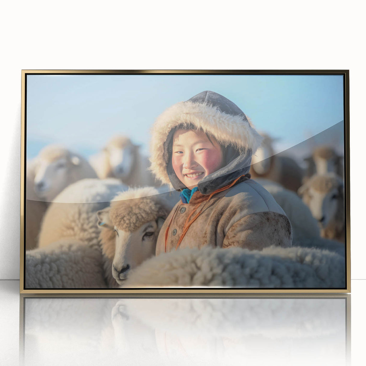 Mid-century modernist Mongolian landscape on gold-framed acrylic, featuring earthy tones, ideal for modern art wall decor.