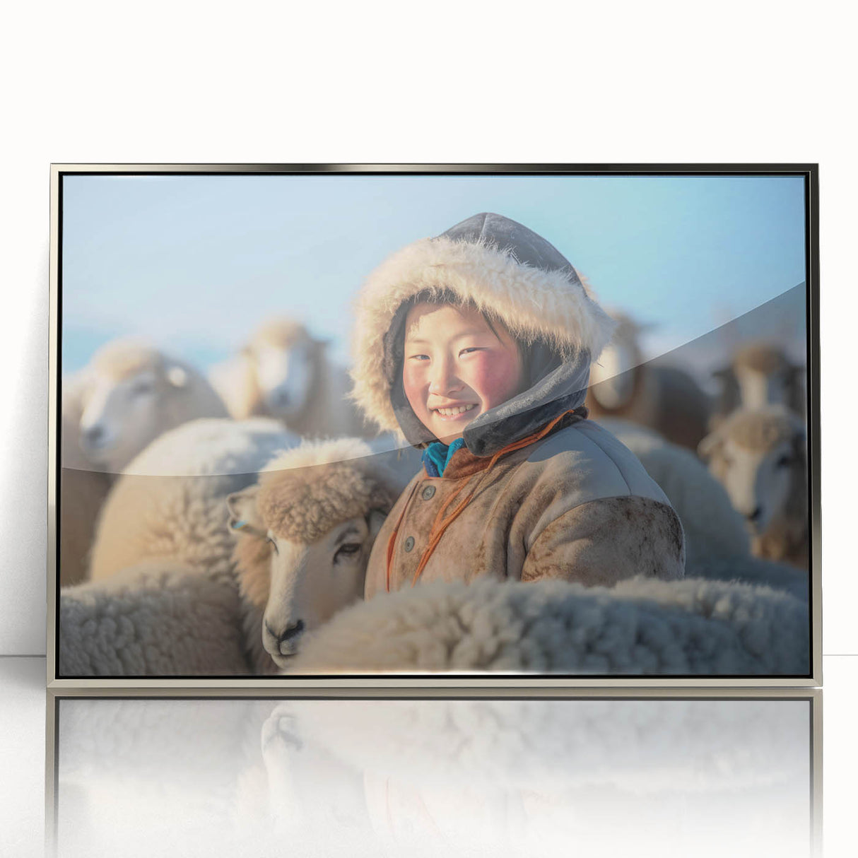 Mid-century modernist art depicting a Mongolian landscape in muted earth tones on a framed acrylic print.