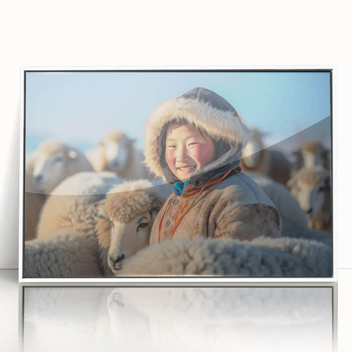 Art deco poster of a Mongolian landscape, featuring muted earth tones on a white-framed acrylic.