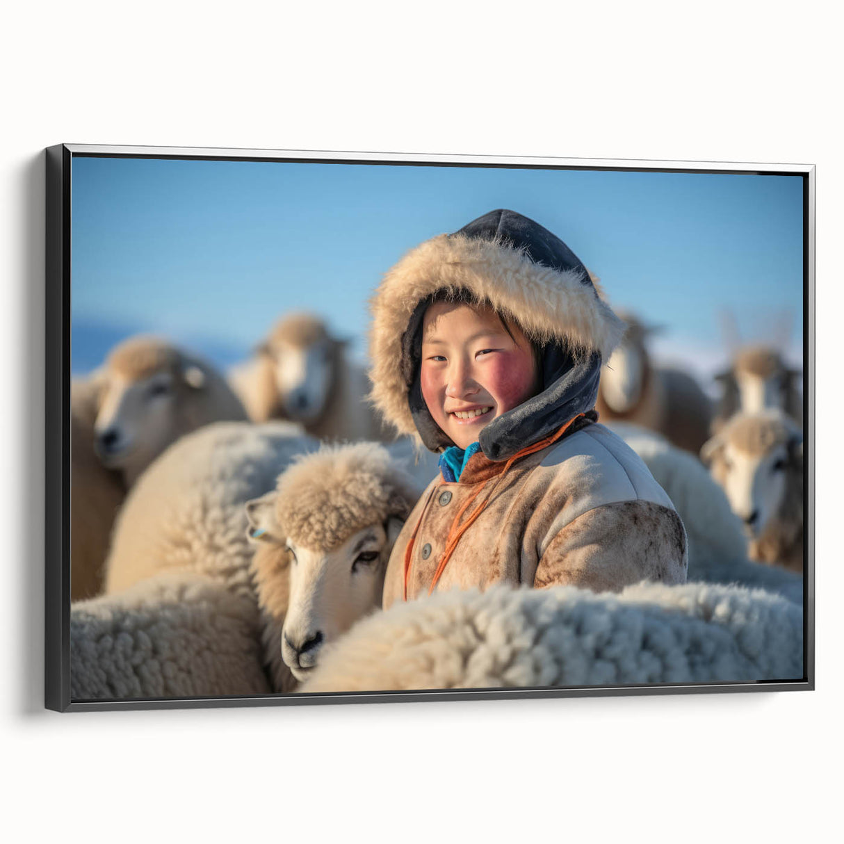 Black and white landscape art painting of a Mongolian scene on framed canvas, suitable for bedroom decor.