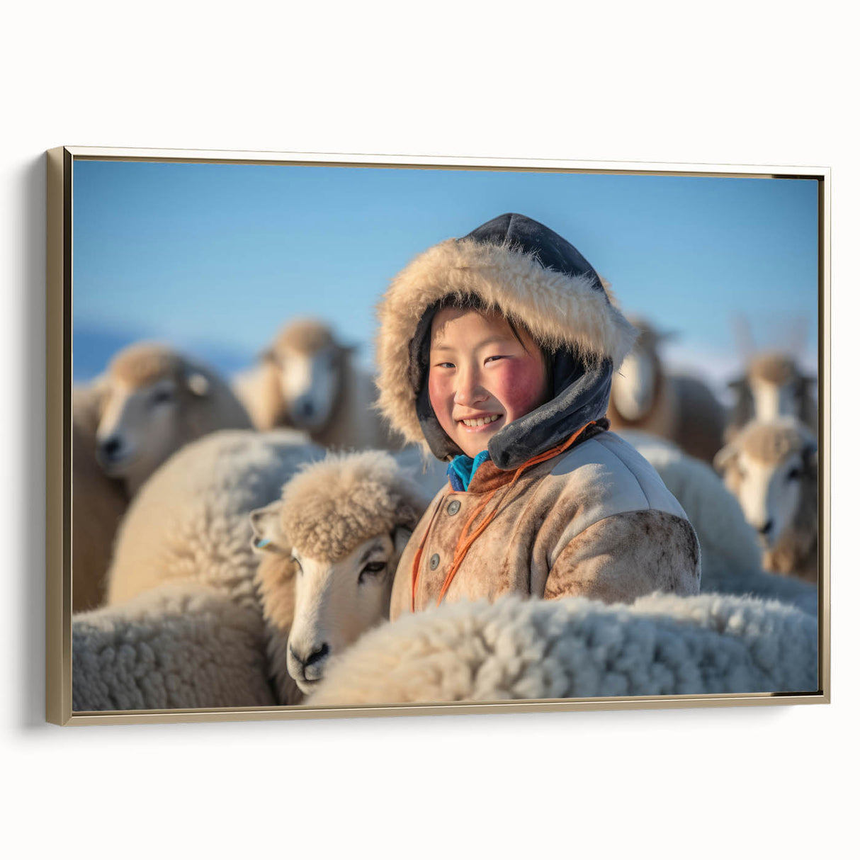 Framed canvas featuring a vintage-style Mongolian landscape in muted gold and black tones, ideal for bedroom wall art.