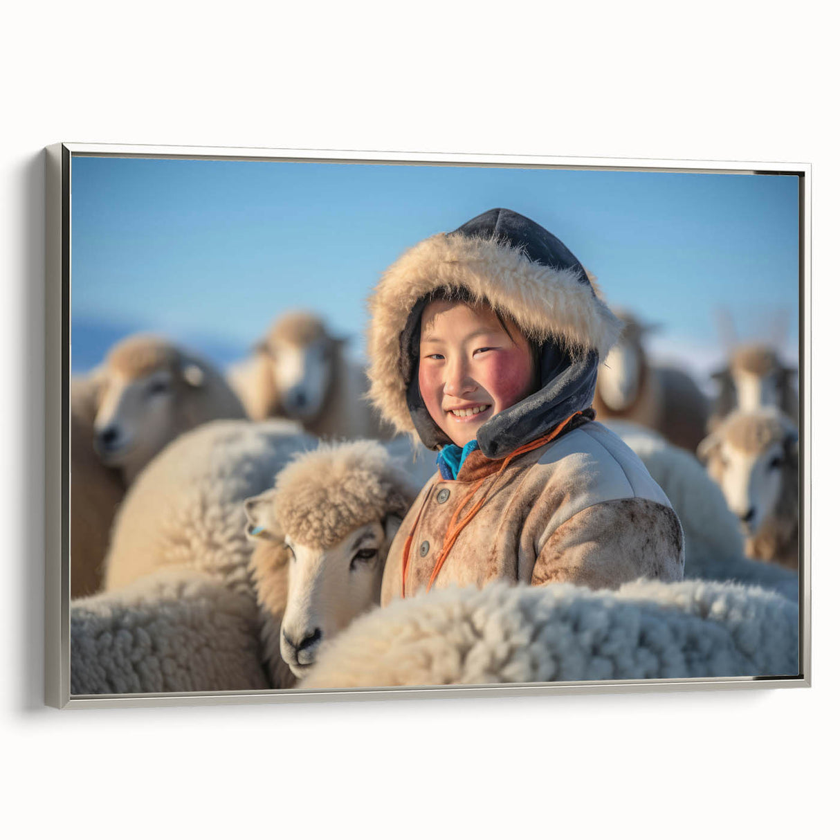 Framed canvas of a vintage-style Mongolian landscape painting, featuring colorful art on a black background.