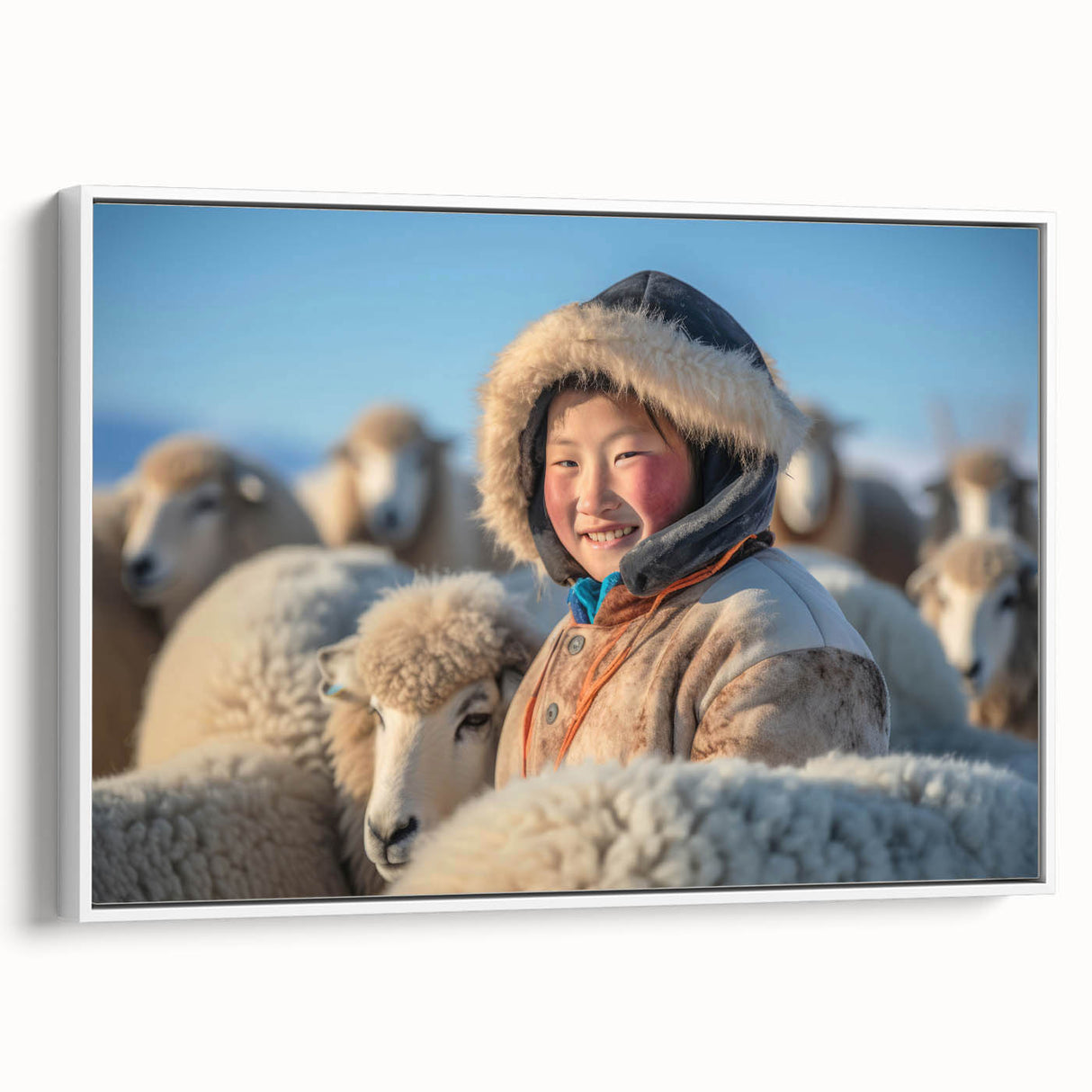 Vintage poster art of a Mongolian landscape on a framed canvas, featuring vibrant, colorful art with black accents.