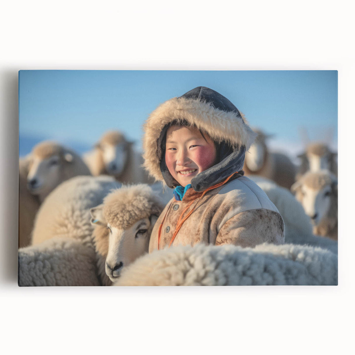 Large black and white stretched canvas of a Mongolian landscape, suitable as kitchen wall art.