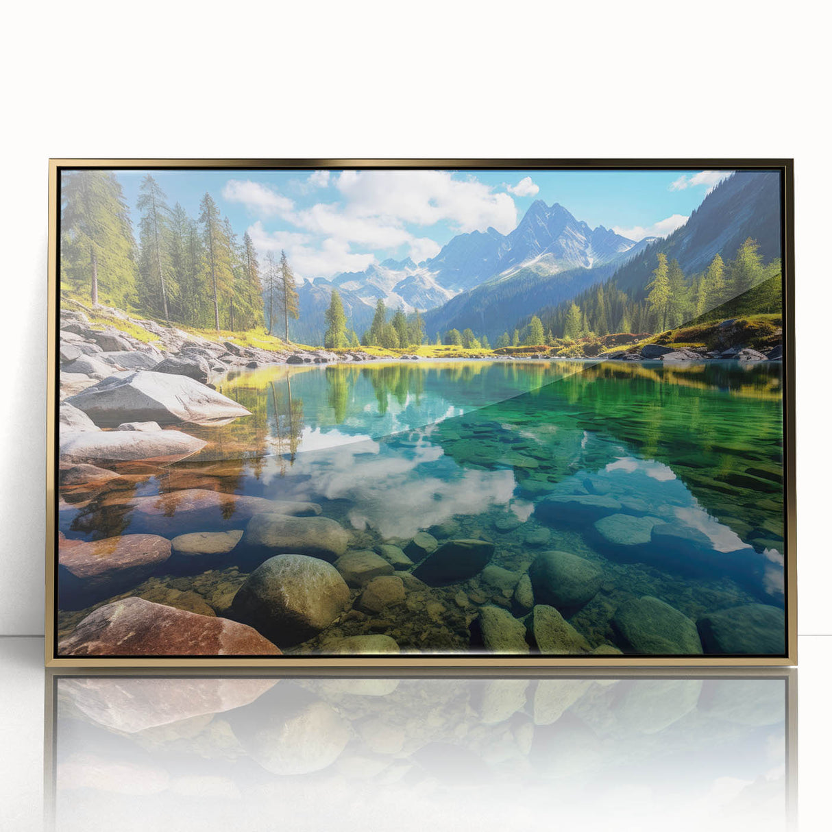 Large art print of Alberta, Canada scenery in mid-century modernist style, acrylic on canvas with gold frame.