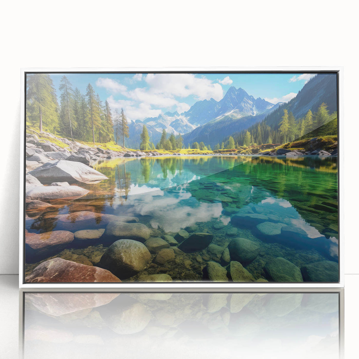 Acrylic print of a serene Alberta, Canada landscape in muted earth tones, framed in white, suitable for modern nursery decor.