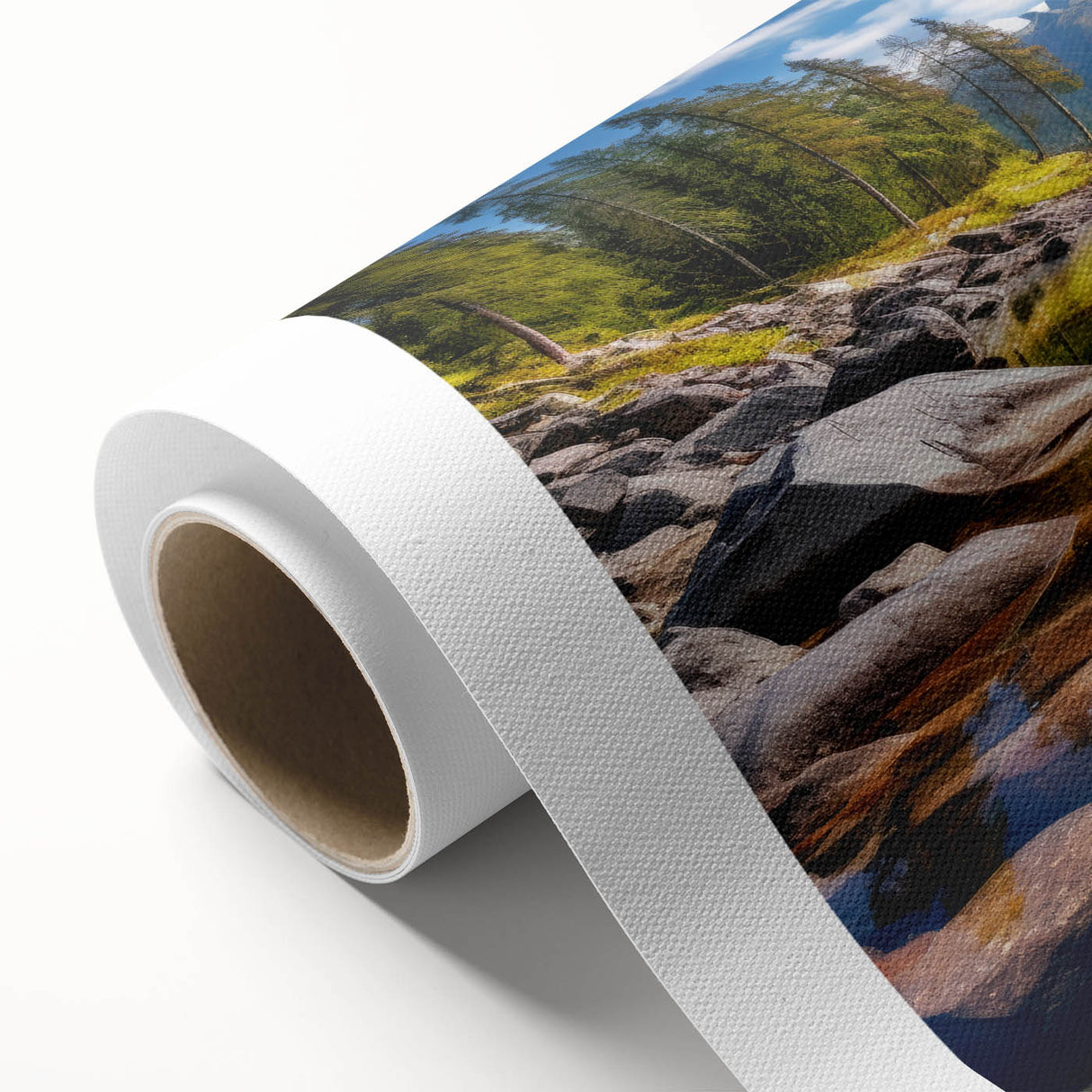 Art deco poster of Alberta, Canada scenery in pastel hues on rolled canvas, ideal for nursery wall art.